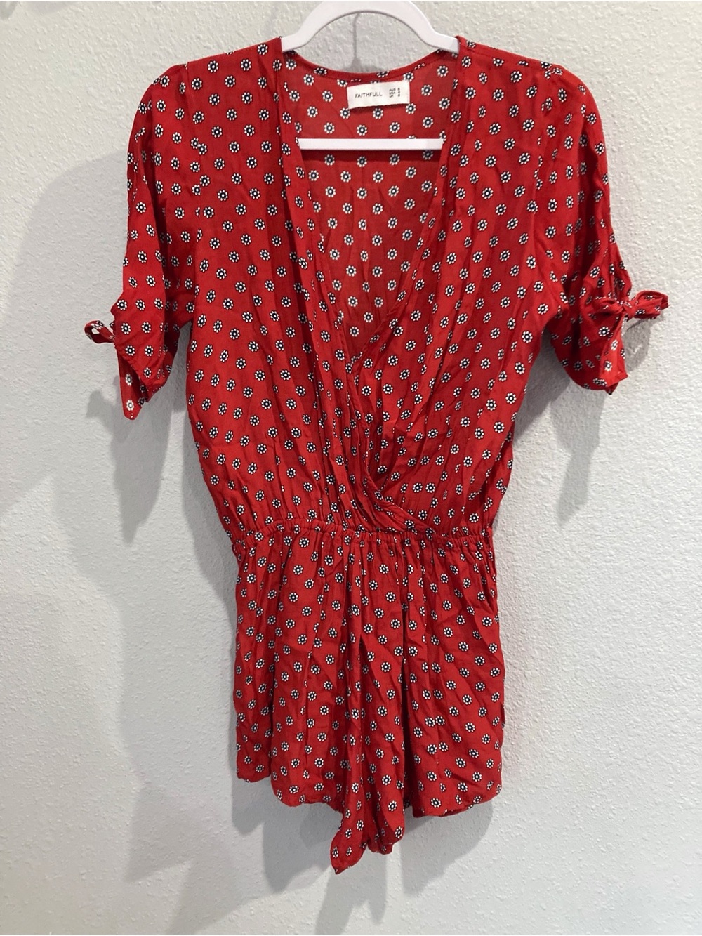 Faithfull the Brand Red Floral Romper Feminine Plunge Neck Boho Beachy Swim